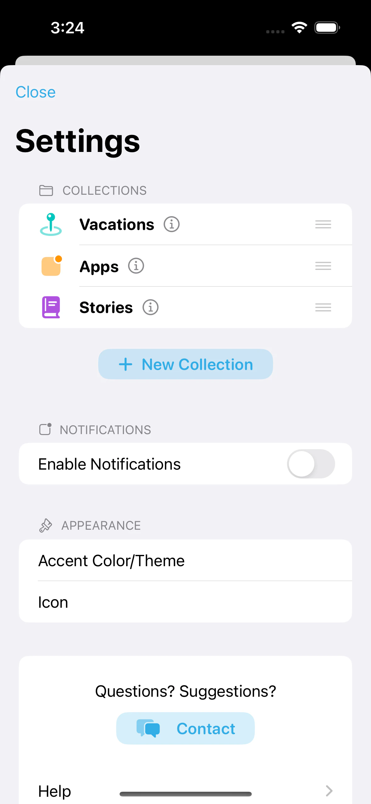 Screenshot of settings view