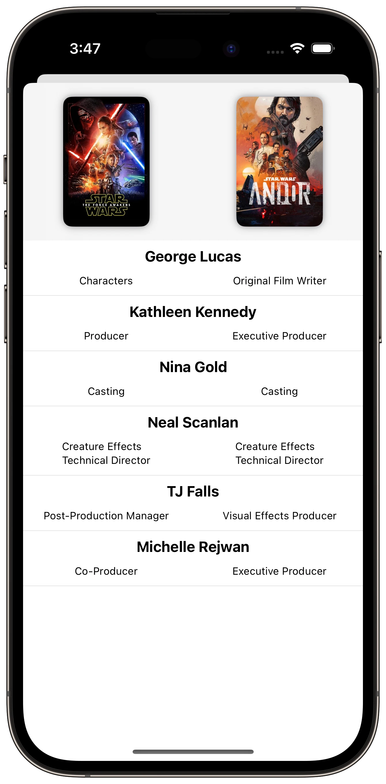 A screenshot showing a comparison of cast and crew between Star Wars: The Force Awakens and Andor