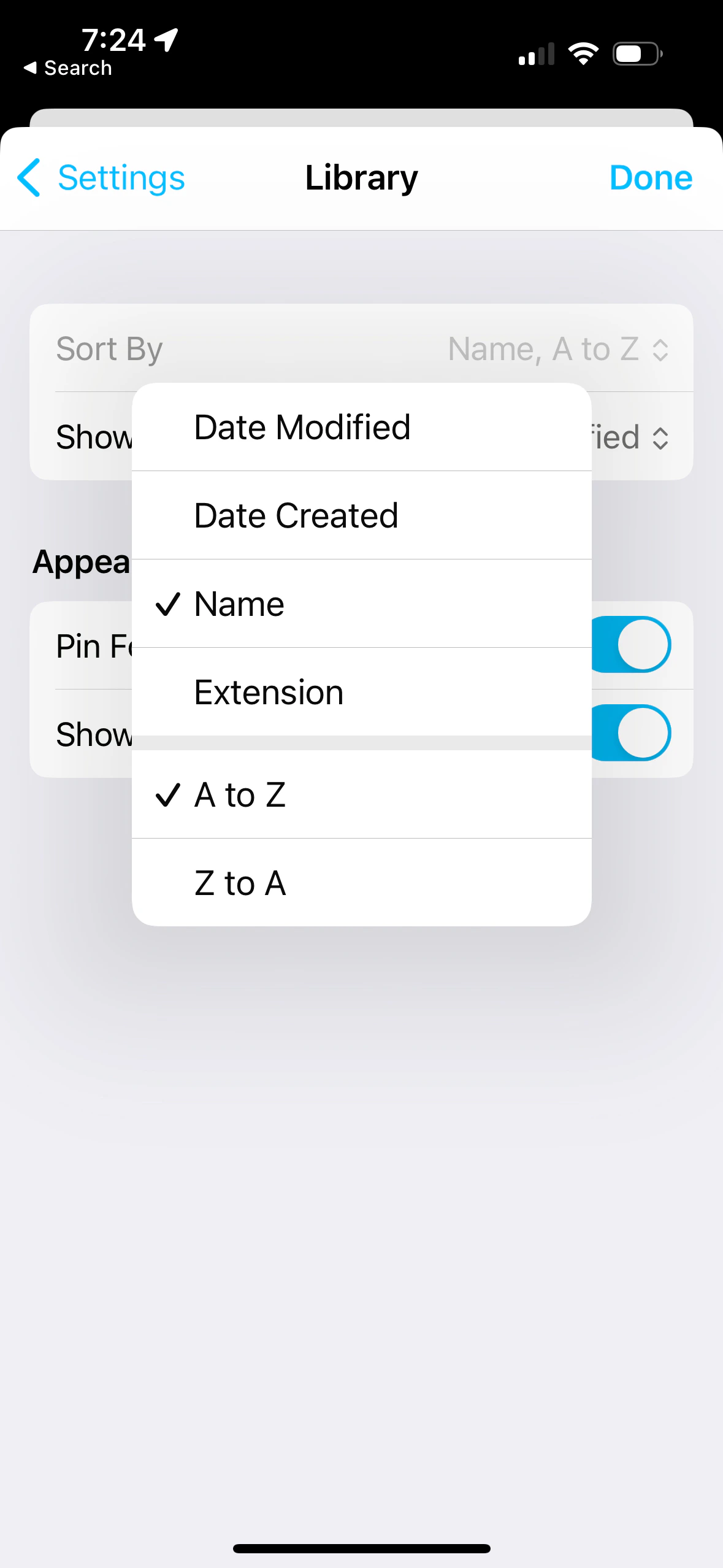 A screenshot of iA writer showing a menu of sort options divided into 2 groups of values and directions