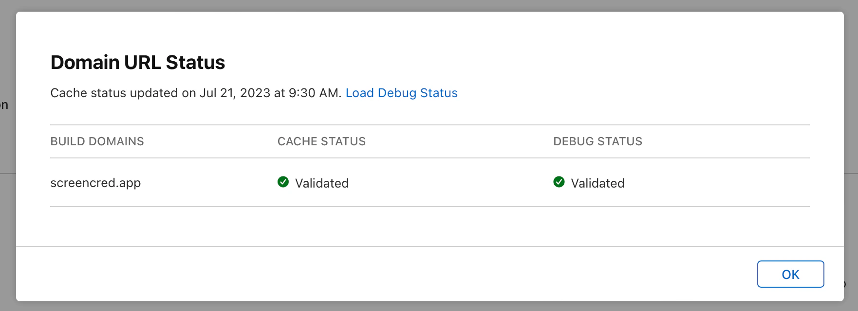 App Store Connect domain URL status dialog showing 1 valid domain