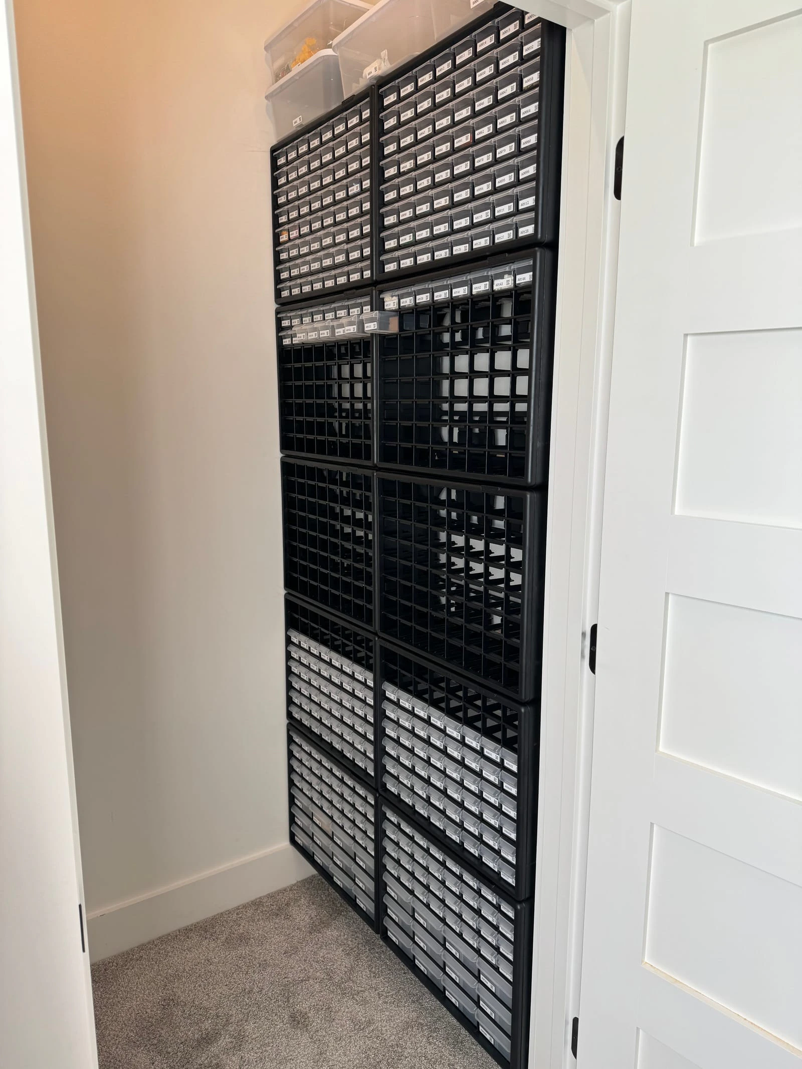 8 sets Akro-Mils drawers tightly fit into a closet